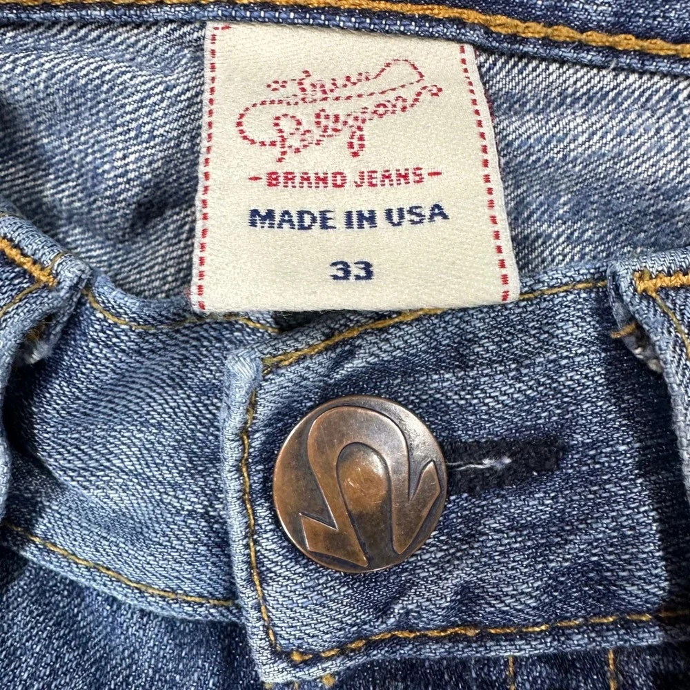 True Religion Billy Bootcut Jeans Mens 33 Blue Leather Horseshoe Made in USA